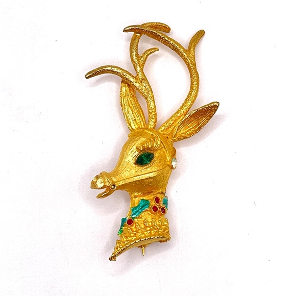 MYLU Signed Vintage Textured Gold Tone Reindeer Holiday Christmas Pin Brooch - Picture 1 of 7